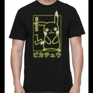 Pokemon Pikachu 025 Shirt Men’s Japanese Logo Tee Cotton Size XL Black Yellow